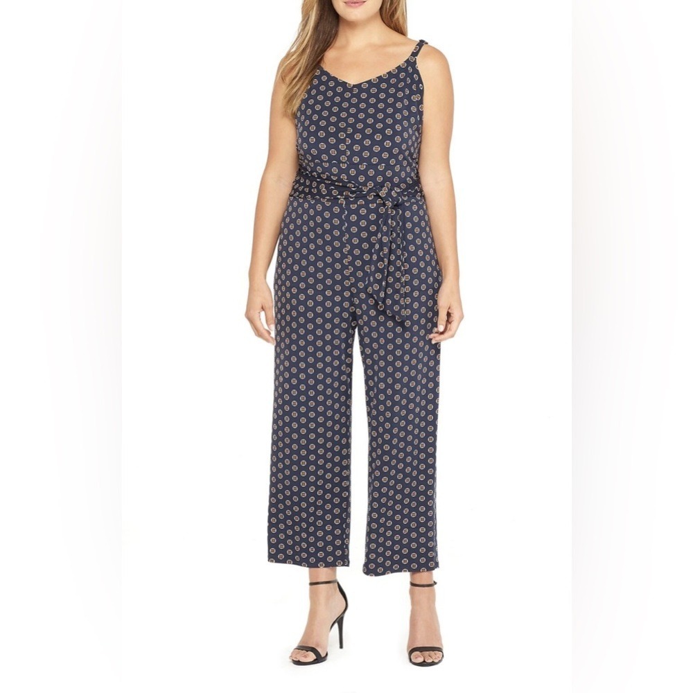 The Limited Navy Geometric Print Wide Leg Jumpsuit Size S Sleeveless Belted